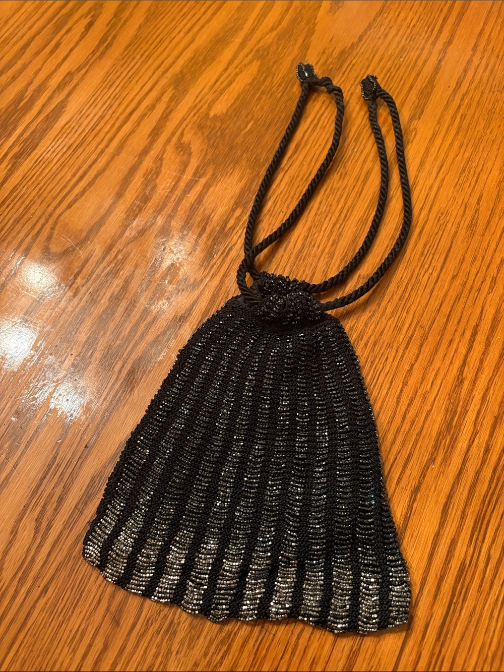 Evening Black Beaded Drawstring Wristlet Clutch